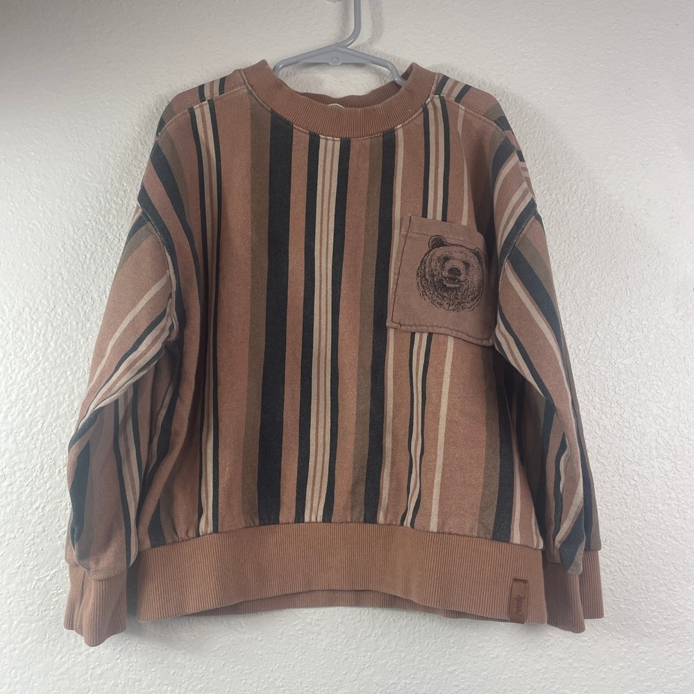 Deux Par Deux‎ Kids Brown Striped Bear Pocket Sweatshirt Size 8 E20U31